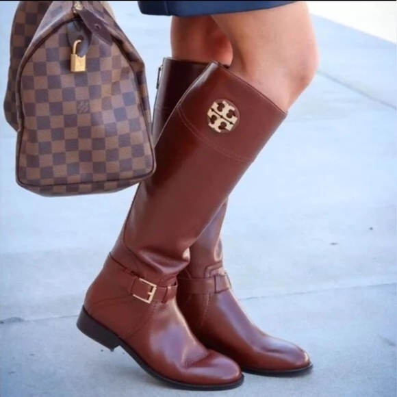 TORY BURCH Adeline Riding Tall Boots 7 Leather Almond Brown Gold Logo NWT $498 - Picture 6 of 7